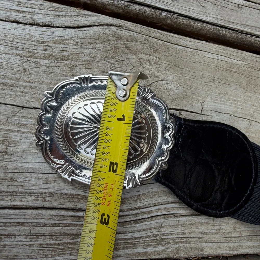 Western Concho Cinch Belt Womens M Black Silver Ornate Buckle Elastic Wide